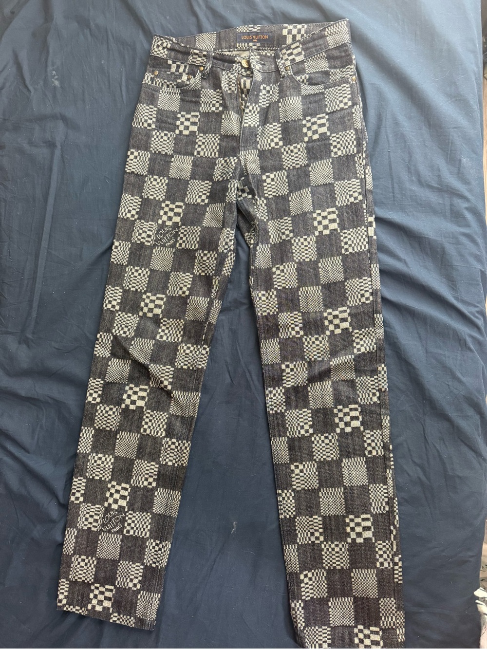 Louis Vuitton Black and Cream Checkerboard Slim Straight Jeans